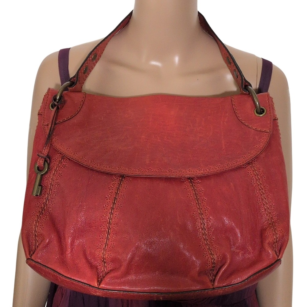 Fossil Red Leather Perforated Floral Shoulder Bag Hobo Purse Brass Key Charm